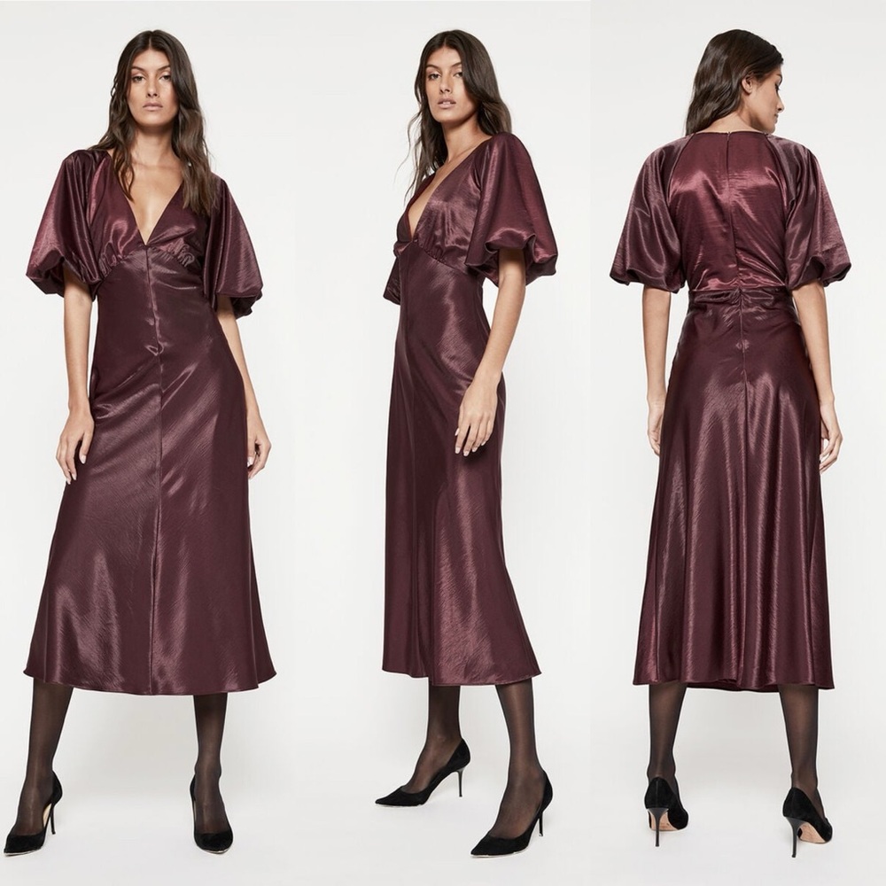 NWT‎ Bardot Everleigh Satin Midi Dress L Burgundy Holiday Silky Wedding Formal